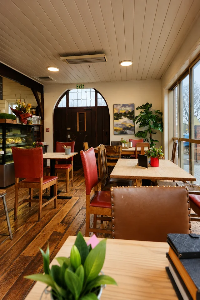 Tables and red chairs beside the arched doorway at Good Habit