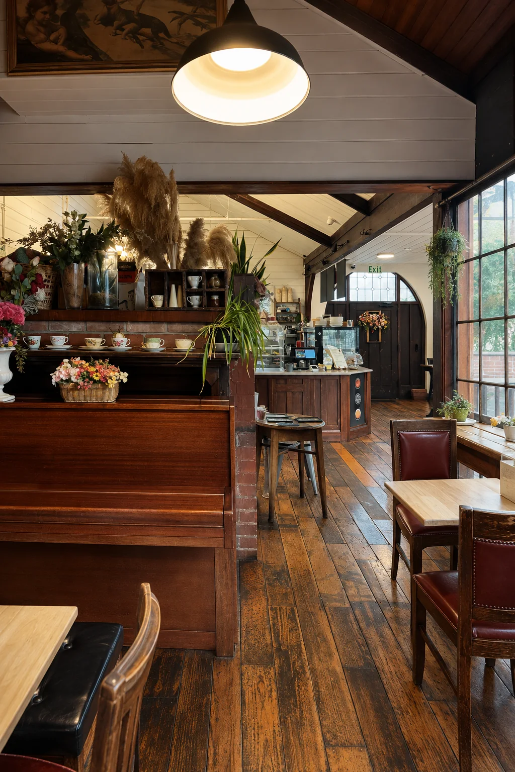 Flowers, teacups and an upright piano beside the Good Habit cafe counter