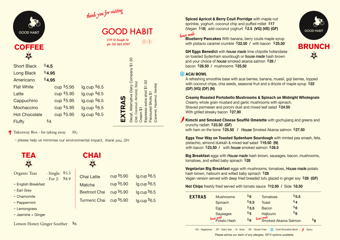 Good Habit brunch, coffee and tea menu
